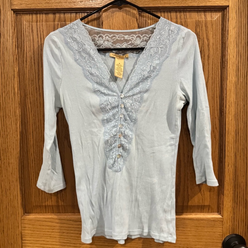 NaturElle Lace Trim Ribbed Henley Top Blue Medium Coquette